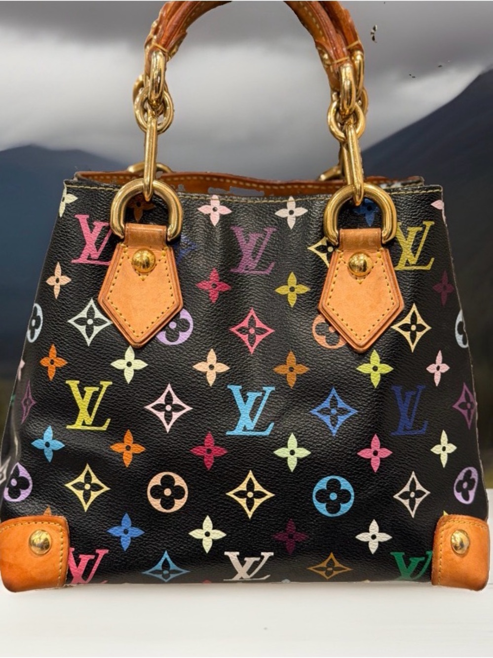 Louis Vuitton Black Multicolor Monogram Satchel with Tan Leather Trim